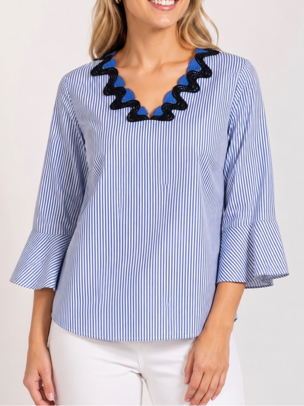 Talbots Women’s Size M Blue White Striped Blouse Ric Rac V-Neck Bell Sleeve Top
